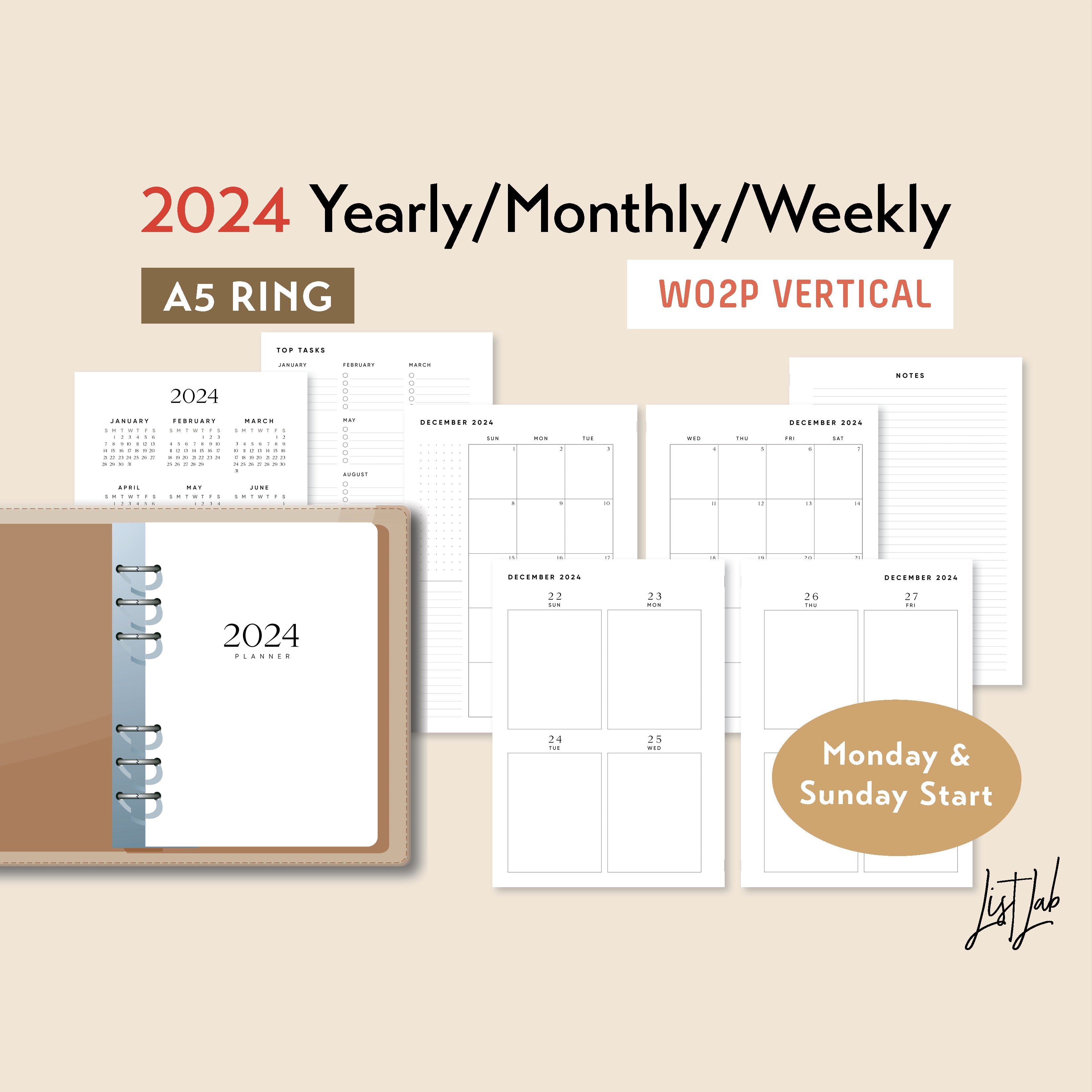 2024 VERTICAL Planner INSERT PACK for Ring Binders and 