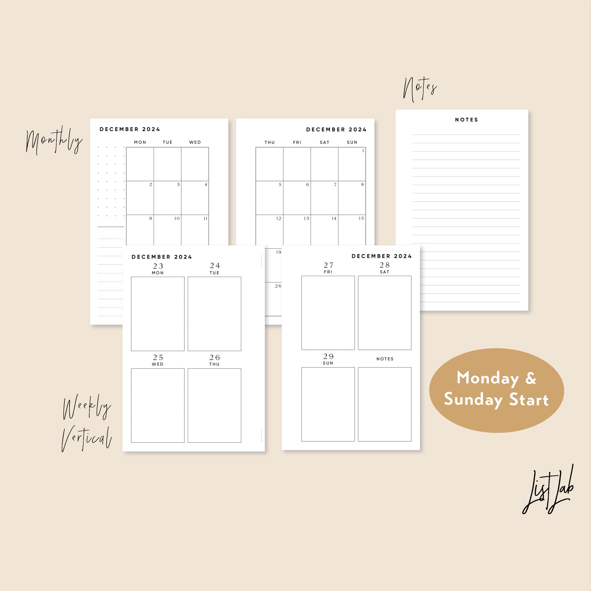 2024 Pocket Ring Yearly/Monthly/Weekly Vertical Printable Set – ListLab